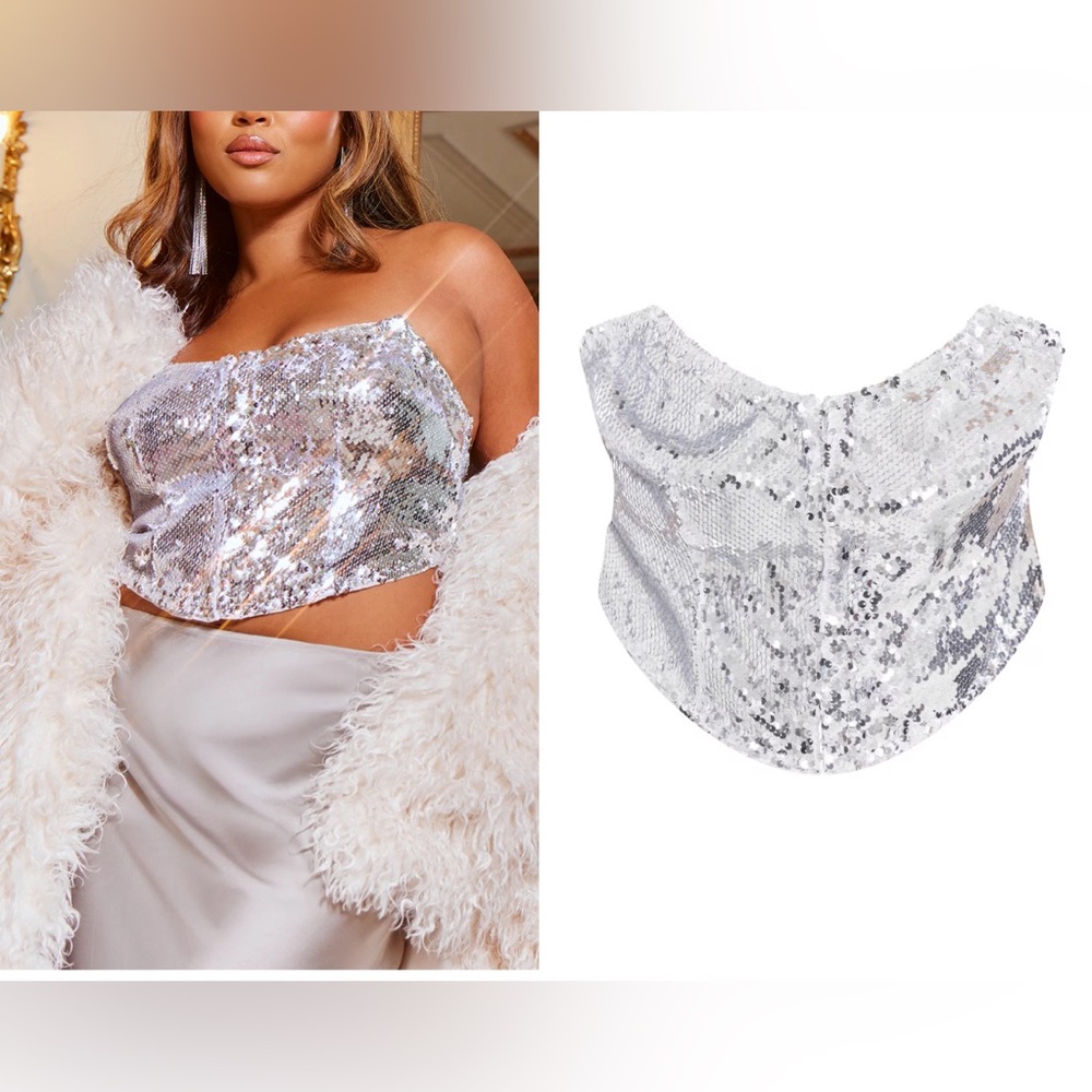Pretty Little Thing - silver sequin corset PLUS